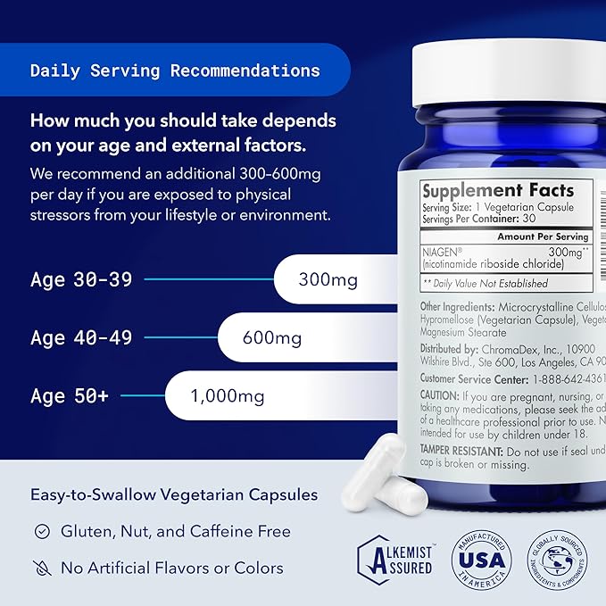 TRU NIAGEN Patented NAD+ Supplement for Anti Aging and Cell Regeneration, 300 mg Niagen, 30 Servings | Supports Cellular Energy, Brain, Muscle | Nicotinamide Riboside (NR) Take 1 Daily | 1 Bottle