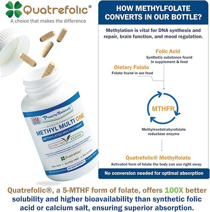 Power By Naturals Methyl Multi One - Vegan Methylated Multivitamin for Men & Women with Methylfolate & Methyl B12 for MTHFR Maintenance, 60 Capsules, 2 Month Supply, USA-Made, Gluten-Free