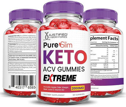 (2 Pack) Pure Slim Keto ACV Gummies Extreme 2000MG PureSlim Keto Gummies Advanced Formula Apple Cider Vinegar with Pomegranate Beet Juice Powder B12 Vegan Non GMO 120 Gummys