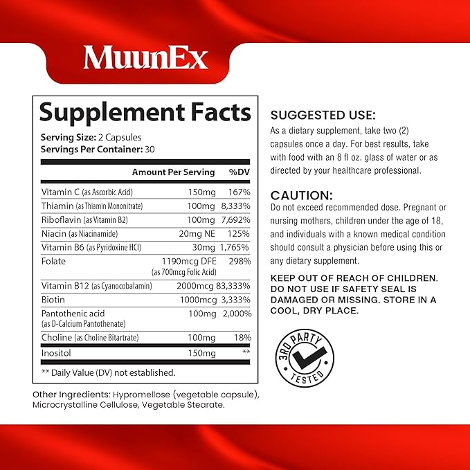 B-Complex, Vitamin B1 B2 B3 B6 B12, New Formula for Max Vitality & Sustained Energy Support,Energy Boost, Nervous System Support, with Vitamin C, Choline, Folate, 60 Capsules