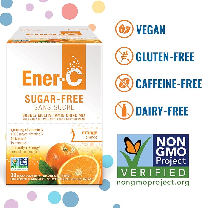 Ener-C Sugar Free Energy Orange Multivitamin Drink Mix Vitamin C 1000mg & Electrolytes - Natural Immunity Support with Real Fruit Juice Powders Non-GMO Vegan & Gluten Free - 60 Count