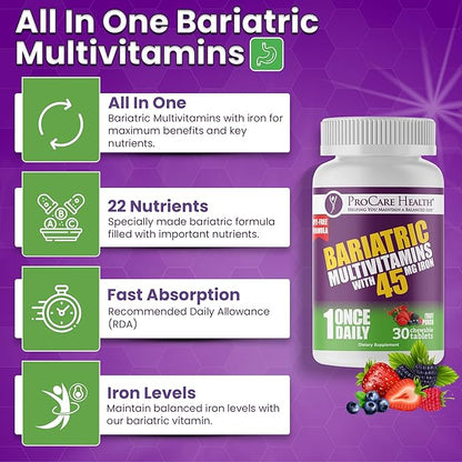 Procare Health Bariatric Multivitamin with Iron 45mg Chewable (30 Tablets) - Fruit Punch Flavor Bariatric Multivitamin Chewable Pills for Gastric Bypass & Sleeve Gastrectomy Patients (01 Month Supply)