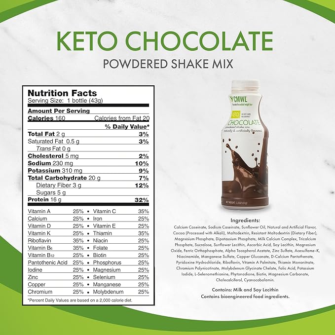 Keto Chocolate Powdered Protein Shake Mix | Meal Replacement | Support Weight Management 160 Calories, 16g Protein, 24 Vitamins & Minerals, Low Carb, Zero Trans Fat