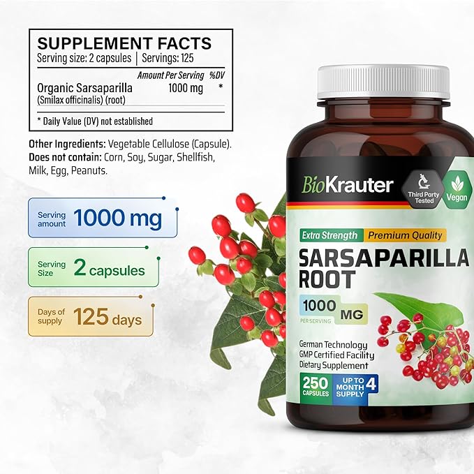 BIO KRAUTER Sarsaparilla Root Capsules - 1000 mg Pure Sarsaparilla Extract Capsules - 250 Vegan Sarsaparilla Root Powder Caps - Sarsaparilla Herb Supplement