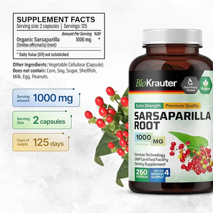BIO KRAUTER Sarsaparilla Root Capsules - 1000 mg Pure Sarsaparilla Extract Capsules - 250 Vegan Sarsaparilla Root Powder Caps - Sarsaparilla Herb Supplement