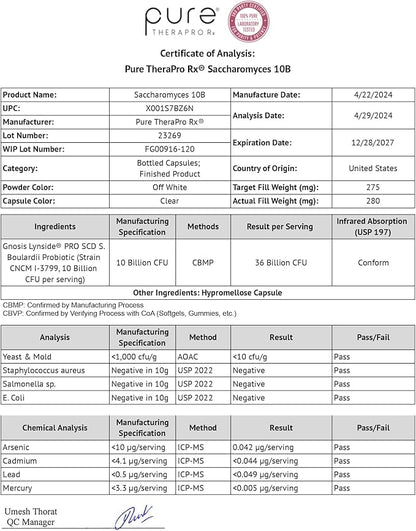 Saccharomyces 10B - Saccharomyces Boulardii, 10 Billion CFU Per Serving, Patented Strain: Lynside CNCM I-3799, Probiotic Capsules, Probiotics for Men and Women - 120 Count