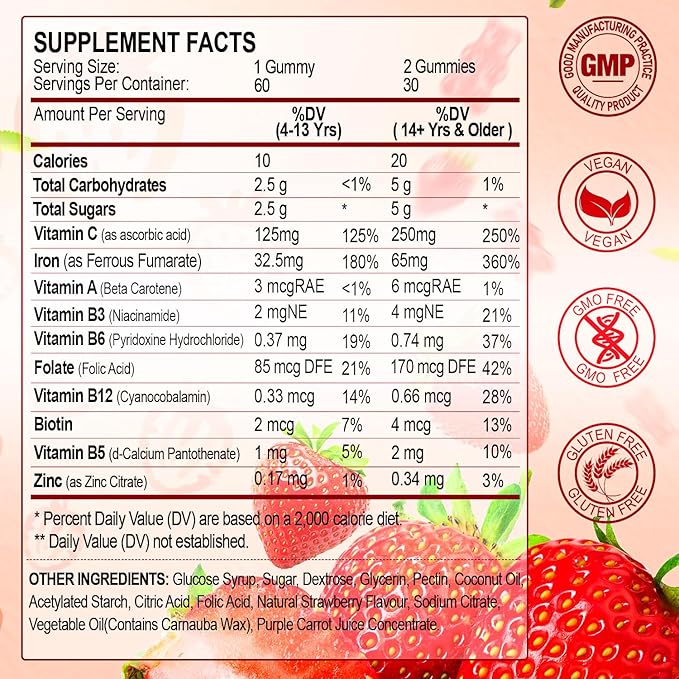 Iron Supplement Gummies, 65mg Iron and 250mg Vitamin C for Women Men Kids, Natural Vegan Iron Gummy with Vitamin A, B-Complex, Biotin, Zinc & Folate -Blood Builder & Energy Support, 60 Gummies