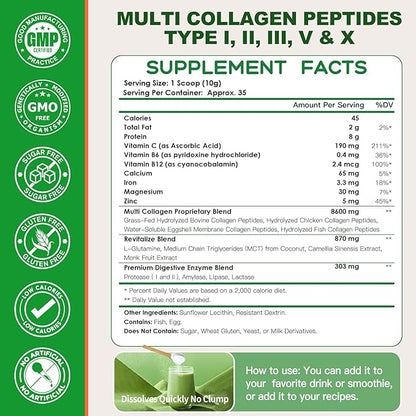 NATURE TARGET Multi-Collagen-Peptides-Powder - Hydrolyzed Collagen with Energy Blend + Multivitamin & Minerals, Supports Energy Skin Hair Nail & Joint, Non-GMO, 35 Servings