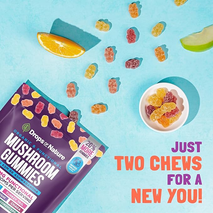 Ashwagandha and Lions Mane Mushroom Supplement Gummies - Organic - Reishi, Cordyceps, Turkey Tail, Maitake, Shitake, Chaga - Immune Defense, Boosts Cognitive Performance, Vegan, Low Carb