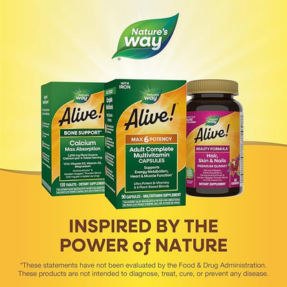 Nature's Way Alive! Max6 Potency Adult Complete Multivitamin, with Iron, Vitamins A, C, E & B-Vitamins Including Methylated B12 & Folate, Supports Energy Metabolism*, 90 Capsules (Packaging May Vary)