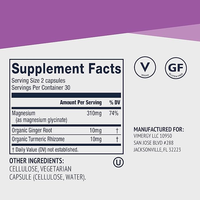 Vimergy Magnesium Glycinate, Travel Size - 30 Servings – with Turmeric & Ginger - Promotes Relaxation & Sleep – Supports Bone, Muscle & Heart Health - Gluten-Free, Kosher, Vegan & Paleo (60ct)
