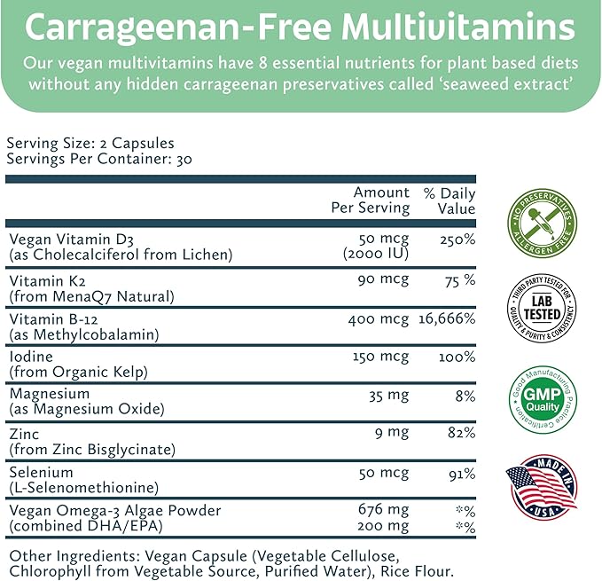 Future Kind Carrageenan-Free Foundations Multivitamin: Vegan Multivitamins for Women & Men- Plant Based Multivitamin, Omega-3, B12, D3, Zinc, Iodine, Magnesium, K2 & Selenium- Compostable Bag