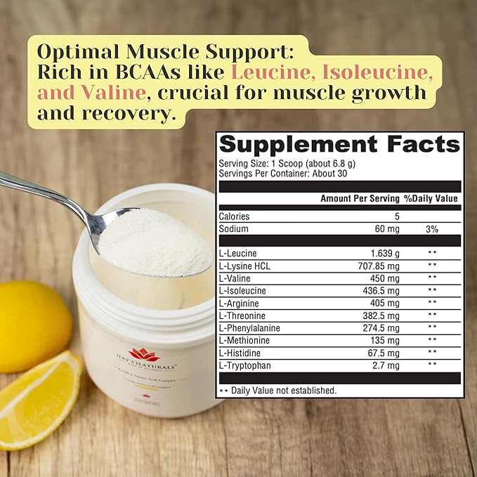 Hay's Naturals BuildUp - Advanced Amino Acid Complex | BCAA Powder with All Essential Amino Acids for Lean Muscle Growth, Enhanced Strength & Recovery | 30 Servings |Natural Lemon Flavoring