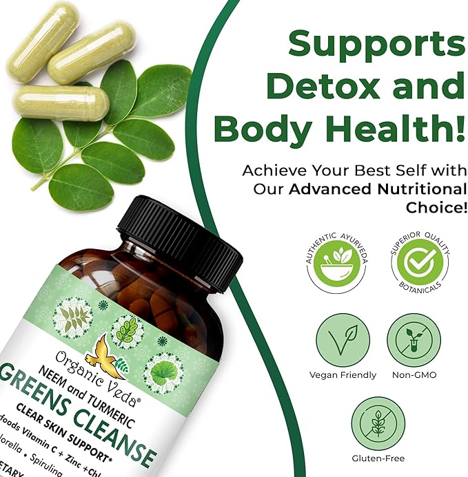 Organic Veda Neem & Turmeric Green Cleanse Supplement with Moringa, Spirulina, Chlorella - Support Liver Health, Enhances Skin Glow - 60 Capsules