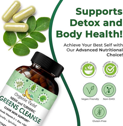 Organic Veda Neem & Turmeric Green Cleanse Supplement with Moringa, Spirulina, Chlorella - Support Liver Health, Enhances Skin Glow - 60 Capsules