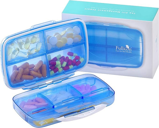Travel Pill Organizer Large Portable Medication Organizer, Fullicon Oversize 8 Compartment Pill Box, Vitamin Travel Case Pill Holder - Airtight & Moistureproof (Blue)