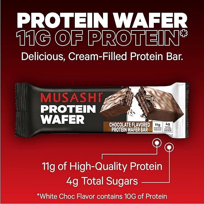 MUSASHI Protein Wafer Bar, 11g Protein, 4g Total Sugars, Chocolate Flavored, Post Workout and Protein Snack On The Go, 12 Pack of 1.4oz (40g) Bars