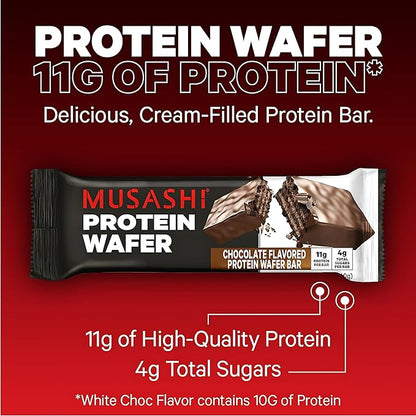 MUSASHI Protein Wafer Bar, 11g Protein, 4g Total Sugars, Chocolate Flavored, Post Workout and Protein Snack On The Go, 12 Pack of 1.4oz (40g) Bars