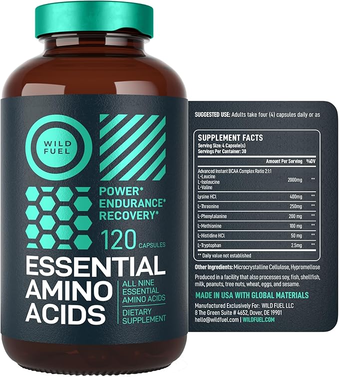 Essential Amino Acids Supplement - 3,000mg Amino Complex + All 9 Best Amino Acids for Muscle Growth, Power and Recovery - Leucine Amino Acid, Lysine, Isoleucine, Tryptophan - 120 Vegan, BCAA Capsules