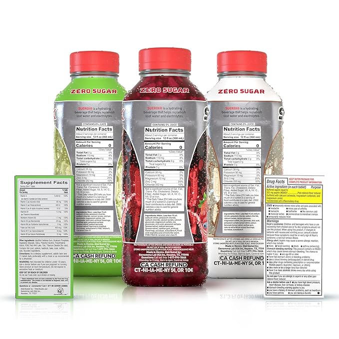 SueroX Kit Electrolyte Drinks Berry Blast, Coconut Refresh, Lemon Lift - 21.3 Fl Oz each,Bufferin Aspirin 130ct, Shot B Energy Multivitamin 60ct,