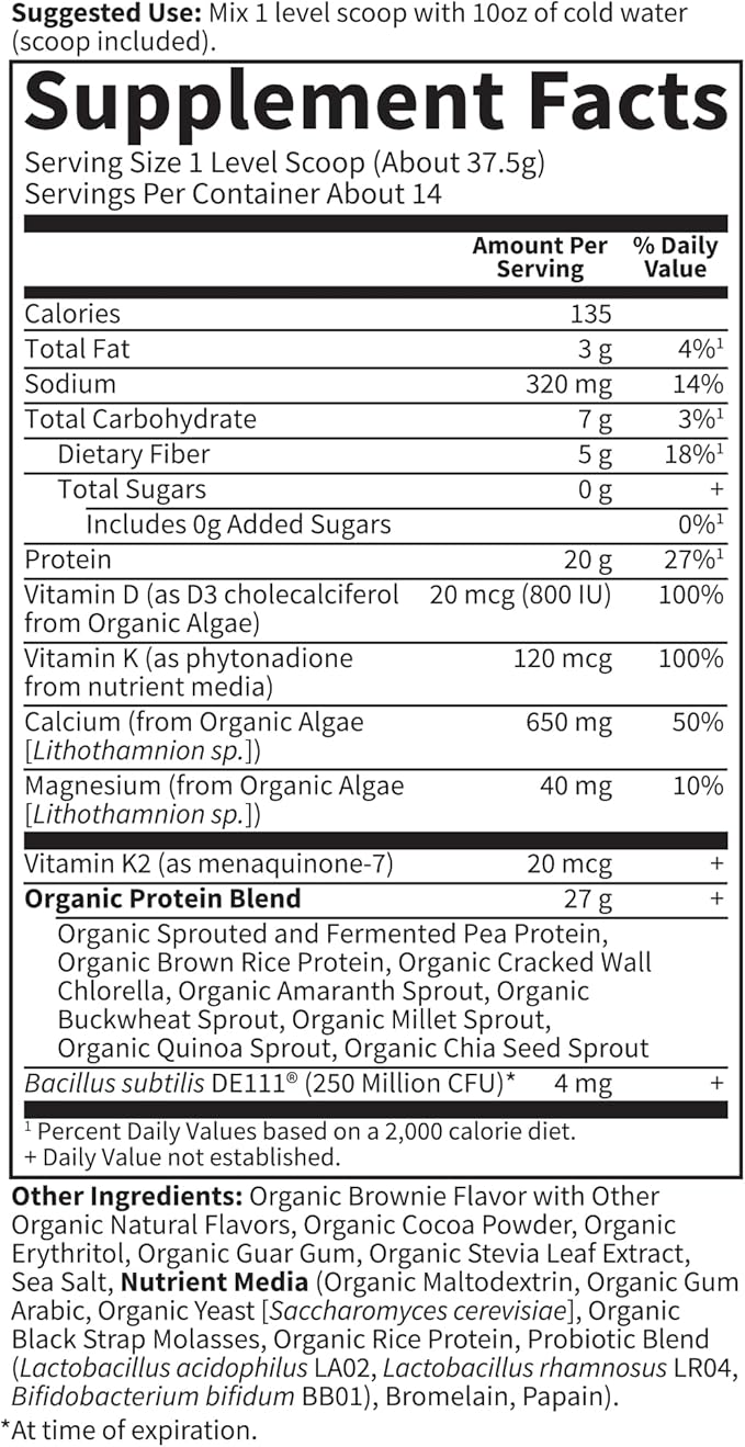 Garden of Life Organic Vegan Protein Powder, 20g Plant Based Protein with Calcium, D3, K2 MK-7 & Magnesium for Bone Strength, Prebiotics & Probiotics for Digestion, Brownie Bites Flavor, 14 Servings