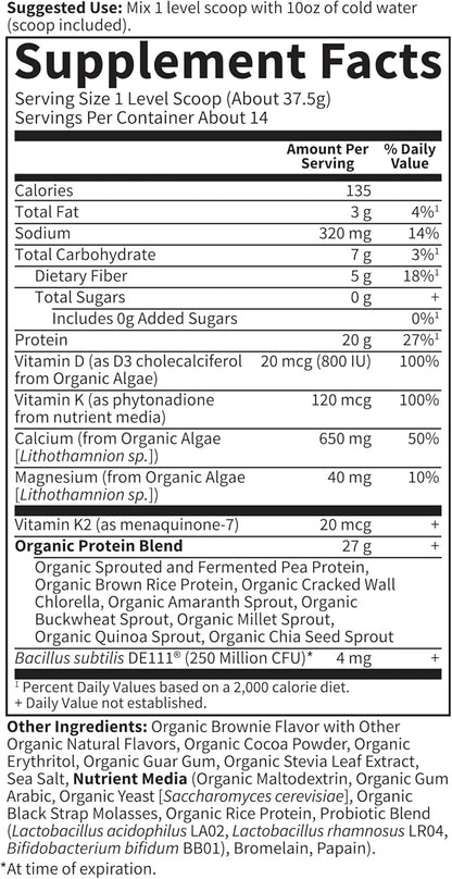 Garden of Life Organic Vegan Protein Powder, 20g Plant Based Protein with Calcium, D3, K2 MK-7 & Magnesium for Bone Strength, Prebiotics & Probiotics for Digestion, Brownie Bites Flavor, 14 Servings