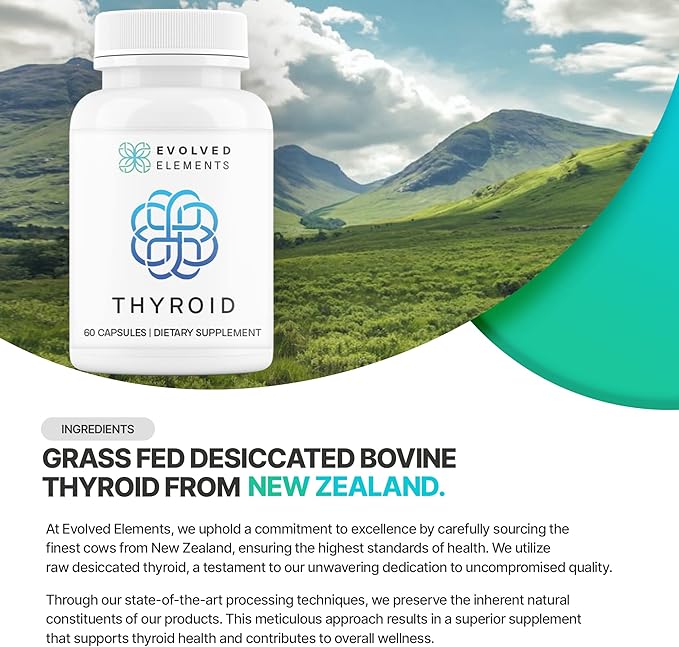 Raw Grass-Fed Desiccated Bovine Thyroid - Thyroid Support for Women - Energy & Metabolism Support - New Zealand Sourced, Non-GMO, 60 Capsules
