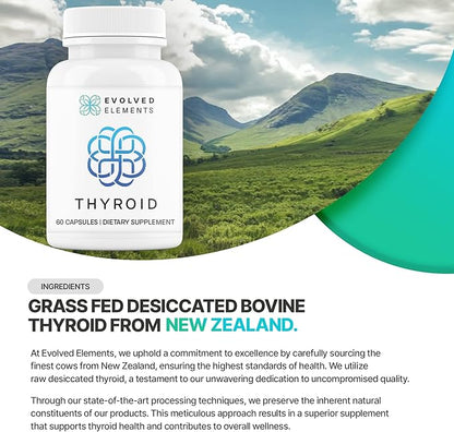 Raw Grass-Fed Desiccated Bovine Thyroid - Thyroid Support for Women - Energy & Metabolism Support - New Zealand Sourced, Non-GMO, 60 Capsules