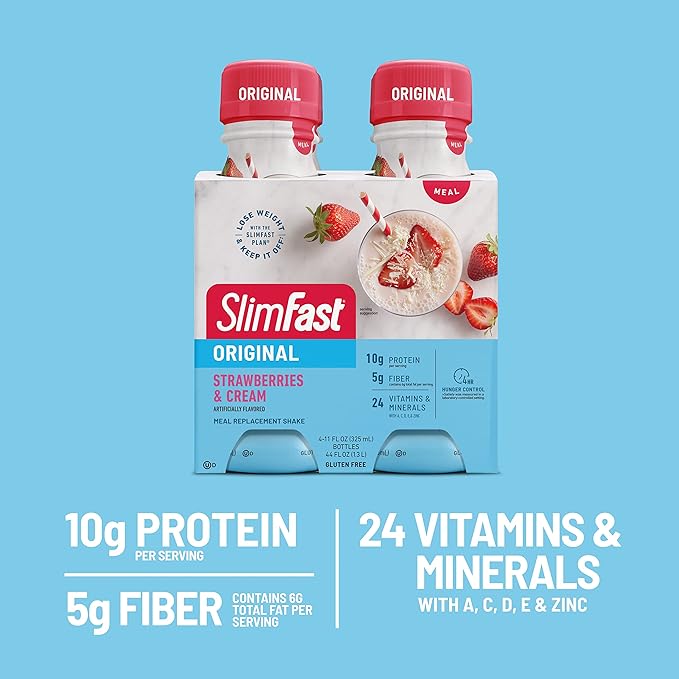 SlimFast Meal Replacement Shake, Original Strawberries & Cream, 10g of Ready to Drink Protein for Weight Loss, 11 Fl. Oz Bottle, 4 Count (Pack of 3) (Packaging May Vary)