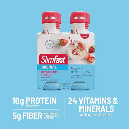 SlimFast Meal Replacement Shake, Original Strawberries & Cream, 10g of Ready to Drink Protein for Weight Loss, 11 Fl. Oz Bottle, 4 Count (Pack of 3) (Packaging May Vary)
