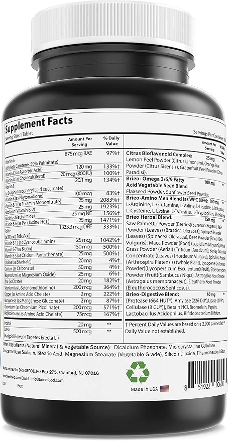 Brieofood BRIOFOOD Day-to-Day Men's Multi 180 Tablets - Food Based Supplement with Vegetable Source Omegas