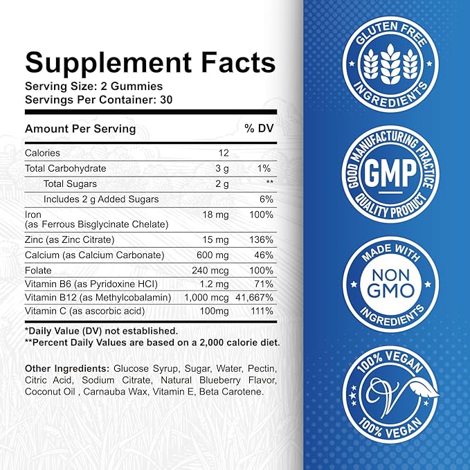 Iron Gummies - with Calcium, Zinc, Folate & Vitamin B12, C,B6 for Adults & Kids - Blood Builder & Energy Support for Iron Deficiency, Anemia, Vegan - Blueberry Flavor, 60 Gummies