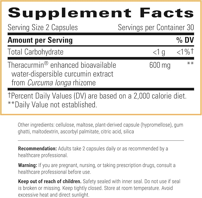 Integrative Therapeutics Theracurmin HP - High Absorption Turmeric & Curcumin Supplement - 27x More Bioavailable - Relief of Minor Discomfort Due to Occasional Overuse* - Vegan - 60 Capsules