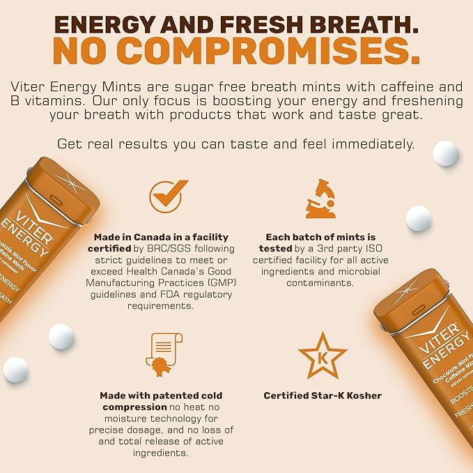 Viter Energy Caffeinated Mints 40mg Caffeine, B Vitamins, Sugar Free. (Chocolate Mint, 20pcs, 6 Pack)