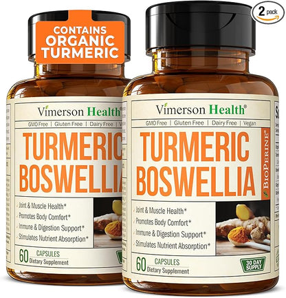 Turmeric Supplement with 65% Boswellia Extract Capsules - Turmeric Curcumin Supplement 95% Curcuminoids - Boswellia Serrata, Black Pepper, Organic Turmeric & Ginger root capsules - Tumeric Caps 2-Pack