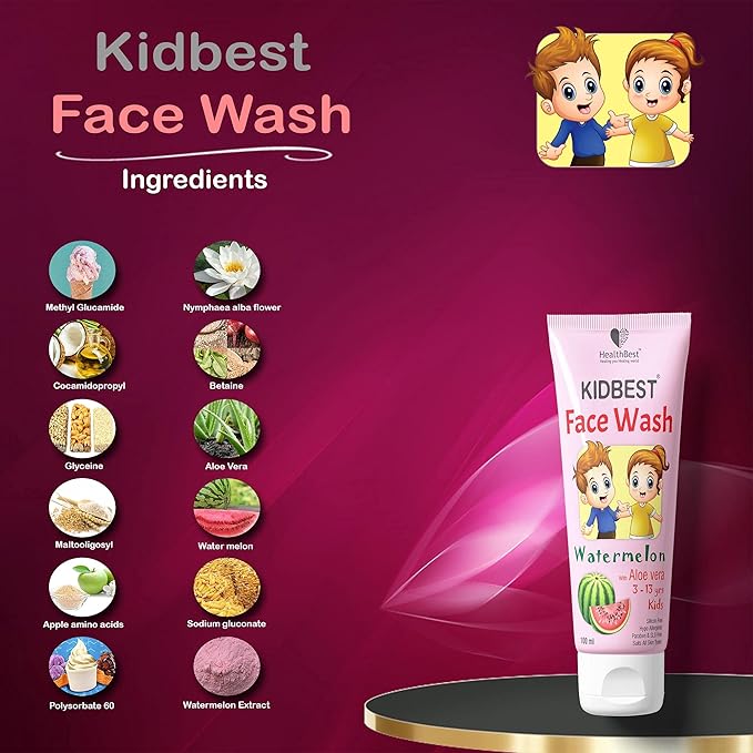 Kids Multivitamin Face Wash - Natural, Non-Toxic 100ml, Organic Watermelon for Normal, Gentle Sensitive & Dry Skin Types - Tear, Paraben, SLS Free, Pack of 1