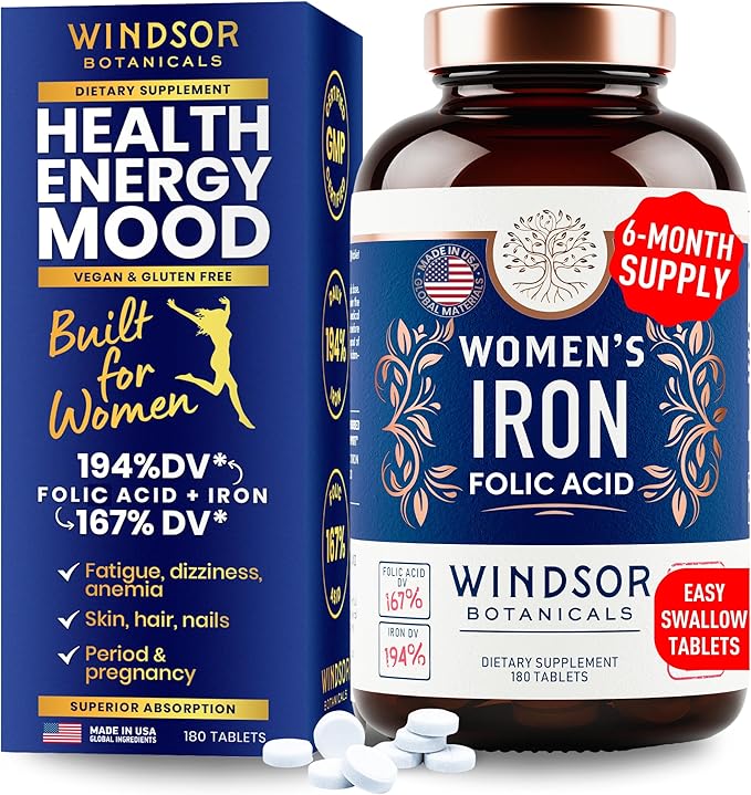 Iron Supplement for Women with Folic Acid - 35mg Gentle Iron, 667mcg Folate Vitamin B9 - Anemia, Period, Pregnancy Support Prenatal Iron Supplements Ferrous Sulfate Pills - 180 Vegan Iron Tablets