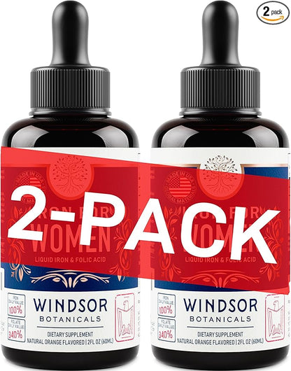 Liquid Iron Supplement for Women 2-Pack - Folic Acid, Vitamin C, Vegan Liquid Iron Supplements for Anemia, Menstruation, Pregnancy Support - Iron Liquid Drops Orange Flavor - 2x2oz