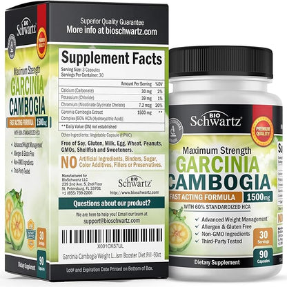 Garcinia Cambogia Weight Loss Pills - 1500mg HCA Pure Extract - Fast Acting Appetite Suppressant - Fat Burner for Women and Men to Help Lose Weight - Carb Blocker Metabolism Diet Pill - 90 Capsules