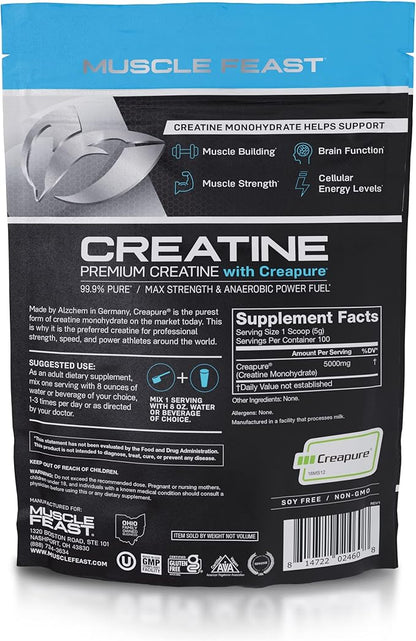 Muscle Feast Creapure Creatine Monohydrate Powder, Vegan Keto Friendly Gluten-Free Easy to Mix, Mass Gainer, Muscle Recovery Supplement and Best Creatine for Muscle Growth, Unflavored, 500g
