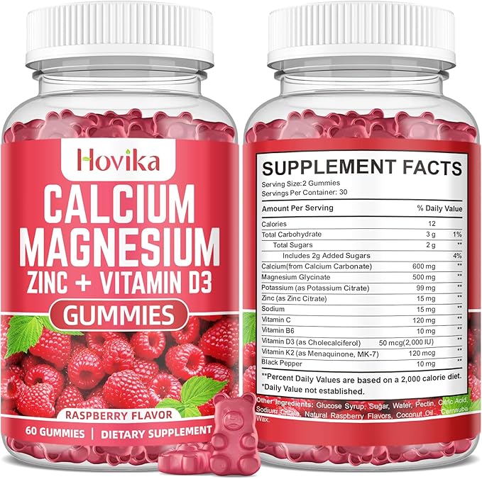 Calcium Magnesium Zinc Gummies with Potassium Vitamin C, B6, D3, K2 - Calcium for Women & Men - Calcium Magnesium Zinc Multi Vitamin Supplement for Bones, Muscles, Teeth, Calm, Mood - 2 Pack - 60 Cts