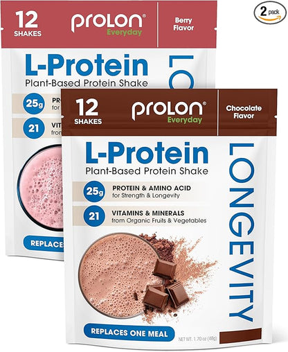 ProLon Longevity Plant Based Protein Powder | Muscle Synthesis & Repair, Healthy Aging, Boost Performance | Vitamins, Gluten Free, Amino Acids | 25g of Protein | Chocolate and Berry, 24 Packets
