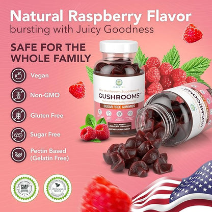 Sugar-Free Mushroom Complex Gummies - Potent 10x Mushroom Supplement with Lions Mane, Chaga, Reishi, Cordyceps (2500mg) Natural Stress Support Calm Gummies, Nootropic Focus Gummies, No Sugar or Pills