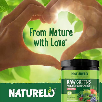 NATURELO Raw Greens Superfood Powder - Unsweetened - Boost Energy, Detox, Enhance Health - Organic Spirulina - Wheat Grass - Whole Food Nutrition from Fruits and Vegetables - 240 Grams