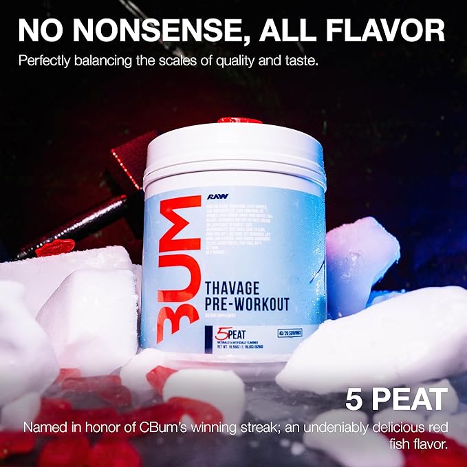 RAW Preworkout Powder, Thavage (5 Peat, Red Gummy) - Chris Bumstead Sports Nutrition Supplement for Men & Women - Cbum Pre Workout for Working Out, Hydration, Mental Focus & Energy - 40 Servings