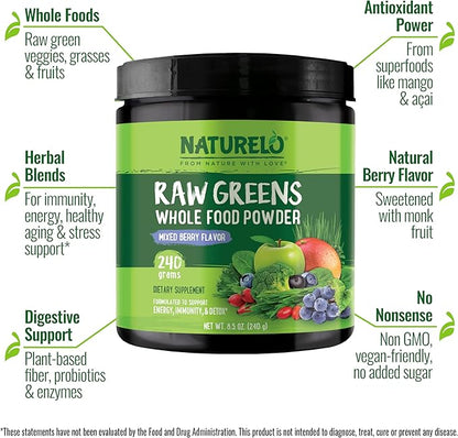 NATURELO Raw Greens Superfood Powder - Mixed Berry - Boost Energy, Detox, Enhance Health - Organic Spirulina - Wheat Grass - Whole Food Nutrition from Fruits and Vegetables - 240 Grams