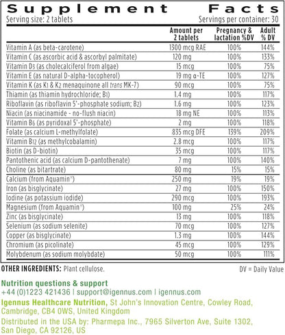 Methylated Prenatal Multivitamin, Folate for MTHFR, High Absorption, Clean Label, Gentle Iron, Choline, Natural Calcium & Magnesium, Vegan Vitamins for Pregnancy, 6 x 60 Tablets, by Igennus