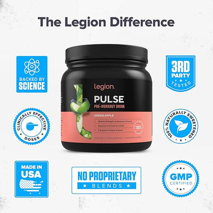 LEGION- All Natural Nitric Oxide Preworkout Drink to Boost Energy, Creatine Free, Naturally Sweetened, Beta Alanine, Citrulline, Alpha GPC (Green Apple)