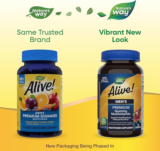 Nature's Way Alive! Men's Premium Gummy Multivitamin, Supports Healthy Heart, Muscle Function*, Full B-Vitamin Complex, Orange, Grape, Cherry Flavored, 75 Gummies (Packaging May Vary)