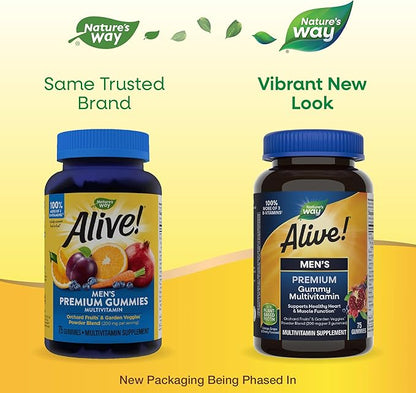 Nature's Way Alive! Men's Premium Gummy Multivitamin, Supports Healthy Heart, Muscle Function*, Full B-Vitamin Complex, Orange, Grape, Cherry Flavored, 75 Gummies (Packaging May Vary)